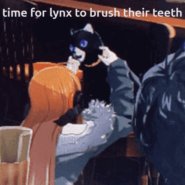 a cartoon of a person brushing a cat 's teeth with the words time for lynx to brush their teeth above