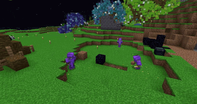 a screenshot of a minecraft game shows a purple armored character