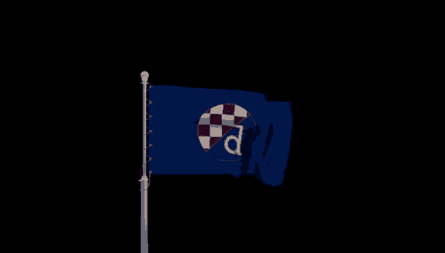 a blue flag with a red white and blue checkered circle and the letter d