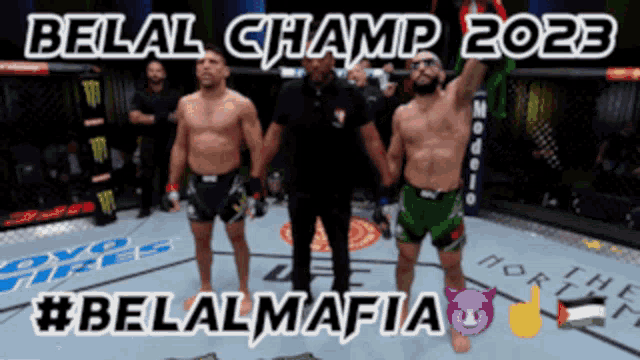 a poster for belal champ 2023 shows a referee and two men