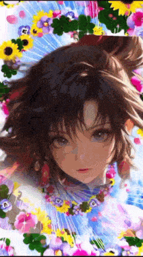 a painting of a girl surrounded by flowers