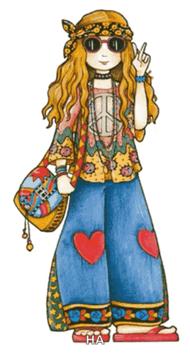 a hippie girl wearing sunglasses and a peace sign