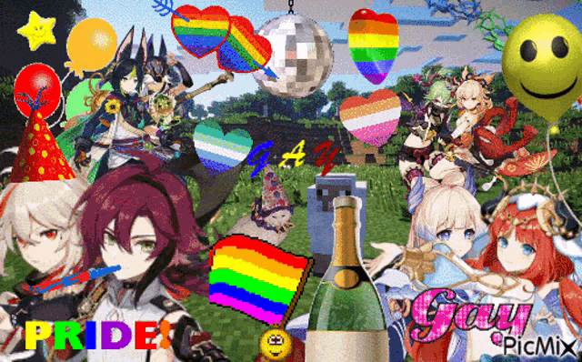 a collage of anime characters with a bottle of champagne and the word pride on the bottom