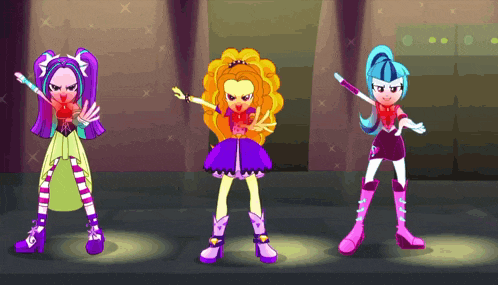 three cartoon girls are standing next to each other in a dark room