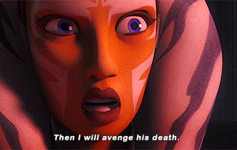 a close up of a woman 's face with the words then i will avenge his death below it