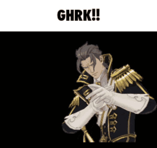 a man in a suit and gloves says ghrk on a black background .