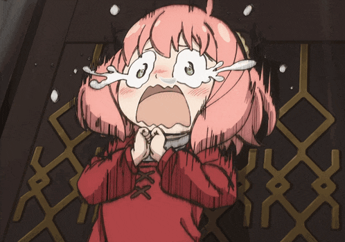 a cartoon girl with pink hair is crying with her eyes closed