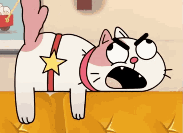a cartoon cat with an angry look on its face is laying on a couch