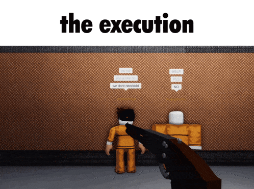 a person holding a gun in front of a wall with the words the execution above them
