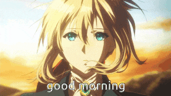 a blonde anime girl with blue eyes and the words good morning on the bottom