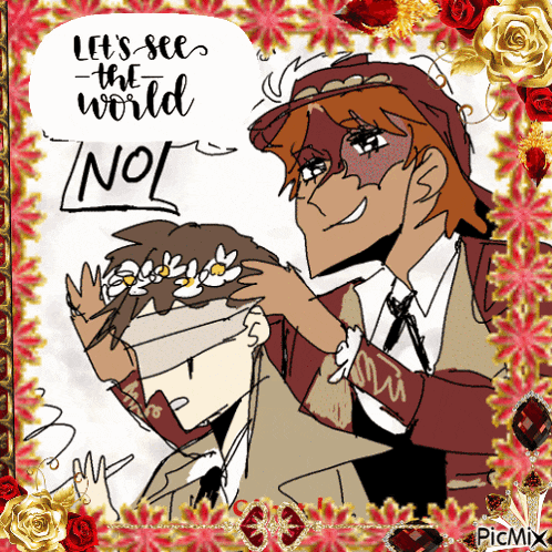 a drawing of a man putting flowers on another man 's head that says let 's see the world no
