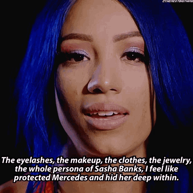 a close up of a woman 's face with the caption " the eyelashes the makeup the clothes the jewelry the whole persona of sasha banks
