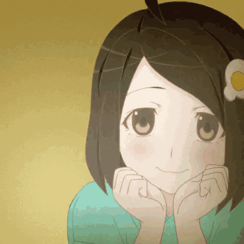 a girl with a flower in her hair has her hands on her face