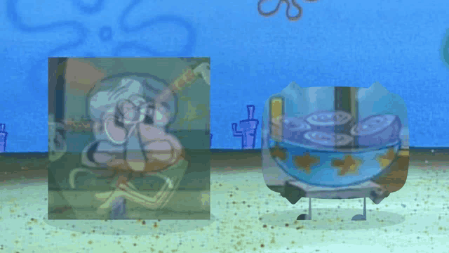 a picture of squidward from spongebob squarepants with a bowl of food in the background