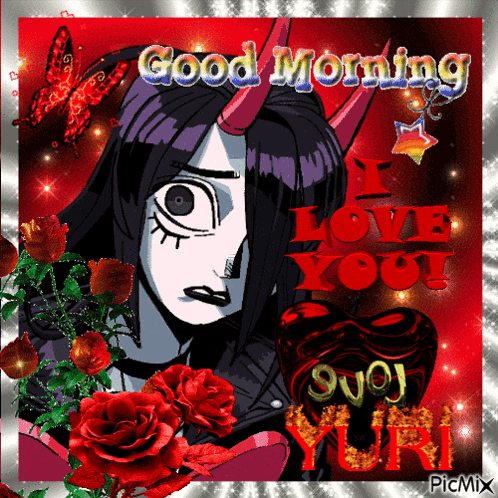 a picture of a girl with horns and roses says good morning i love you