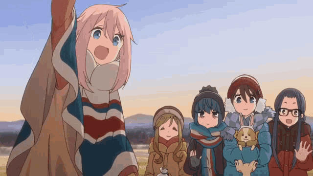 a group of anime girls are standing in a field with one girl holding a dog
