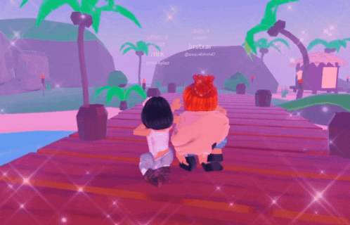 a screenshot of a video game shows two girls sitting on a pier