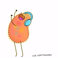 a cartoon drawing of a monster wearing headphones by lisa vertudaches