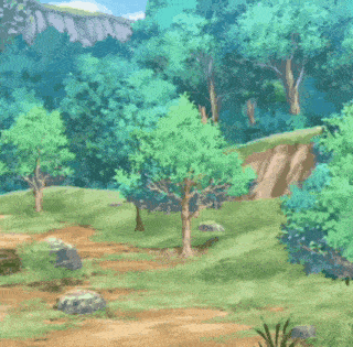 a green and white cartoon cat is standing in a forest .