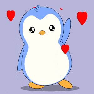 a blue and white penguin with two red hearts around its neck