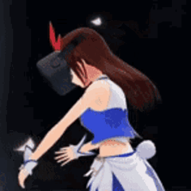 a girl wearing a virtual reality headset and a blue dress
