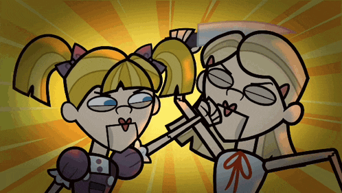a cartoon of two girls standing next to each other with a yellow background
