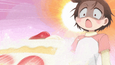 a girl with a surprised look on her face stands in front of a cake with strawberries on it