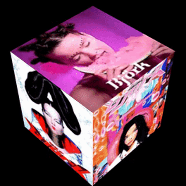 a cube that has a picture of a woman and the word bjork on it