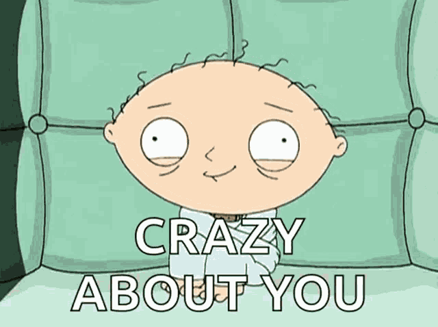 a cartoon character with a bald head is sitting on a couch and says crazy about you