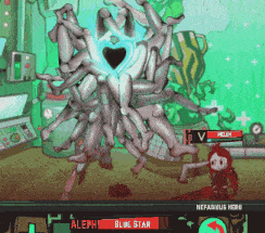 a video game screen shows a character named aleph fighting a monster called blue star