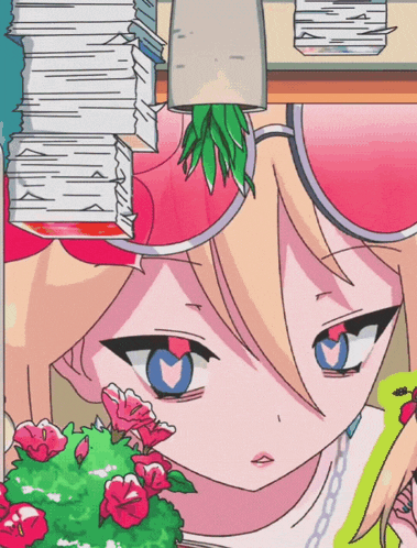 a drawing of a girl with a stack of papers behind her head