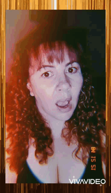 a woman with red curly hair is making a funny face in a vivavideo frame
