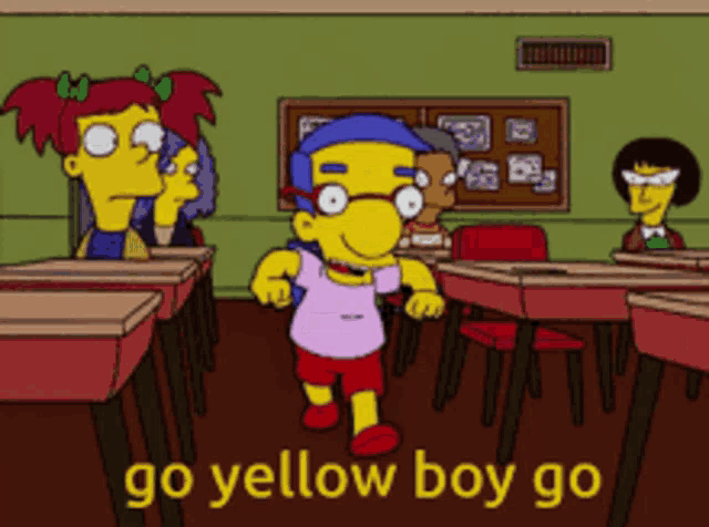 a cartoon of a boy walking in a classroom with the words go yellow boy go above him