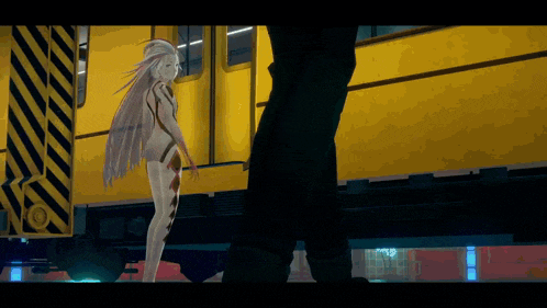 a woman with long white hair is standing next to a man
