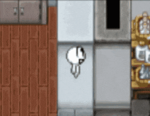 a cartoon drawing of a dog hanging from a wall in a room