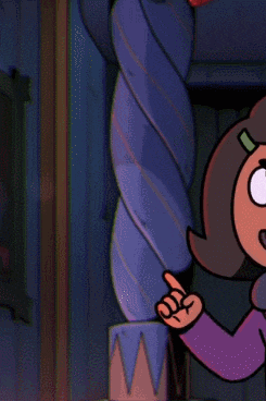 a cartoon character is giving a peace sign in front of a statue