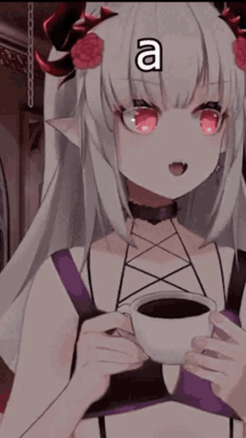 a girl with horns is holding a cup of coffee with the letter a above her head .