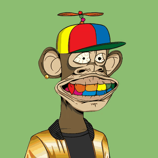 a cartoon of a monkey wearing a colorful hat with a propeller on top