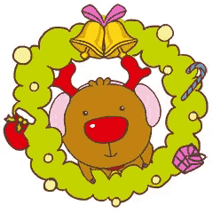 a reindeer is sitting in a christmas wreath with bells and candy canes