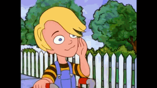 a cartoon boy with blonde hair is standing in front of a white picket fence ..