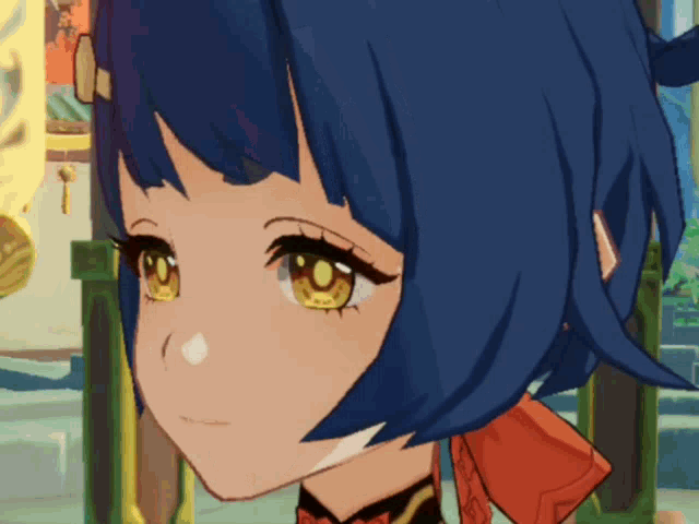 a close up of a cartoon character with blue hair