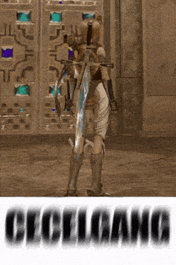 a woman in armor is holding a sword and the word excellana is on the bottom of the image
