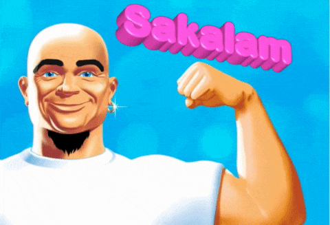a man with a beard flexes his arm in front of a blue background that says sakalam