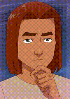 a cartoon character with red hair and green eyes is making a serious face