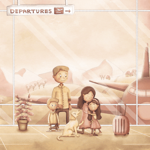 a book called when mum travels shows a family standing in front of an airplane