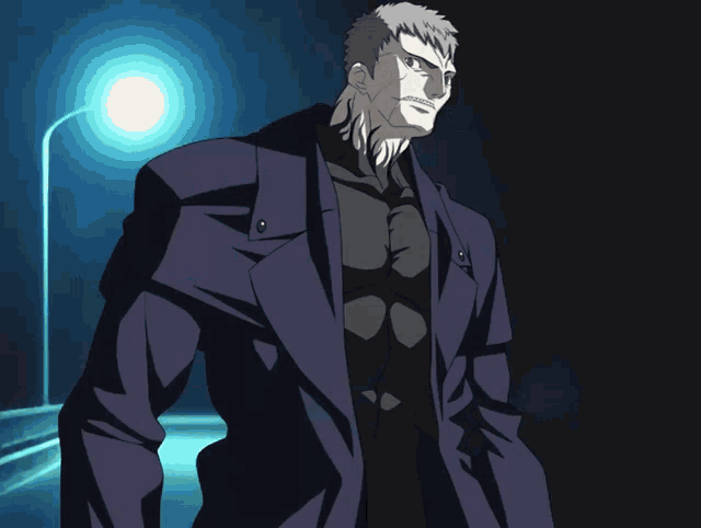 a man in a purple jacket is standing in the dark