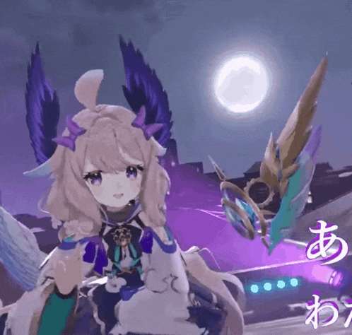 a girl with purple wings is standing in front of a purple moon