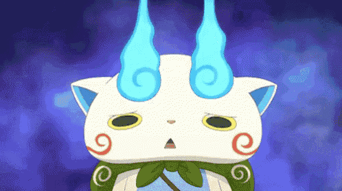 a cartoon cat with blue horns and a green scarf around its neck