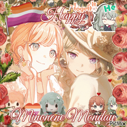 a picture of two anime girls with the words happy minorene monday on the bottom
