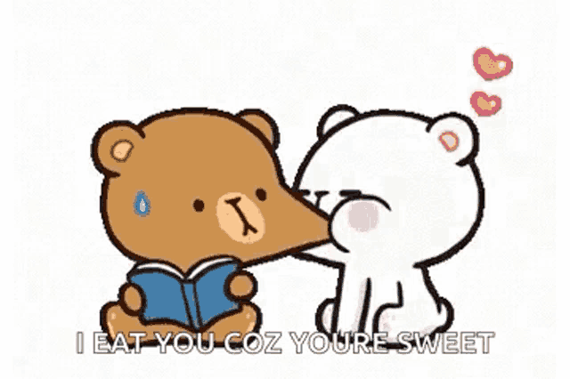 a couple of teddy bears are kissing each other while one is reading a book and the other is holding a book .